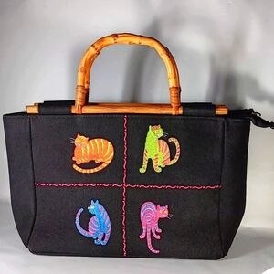 Cat Embroidered Handbag, Black Canvas with Bamboo Handle